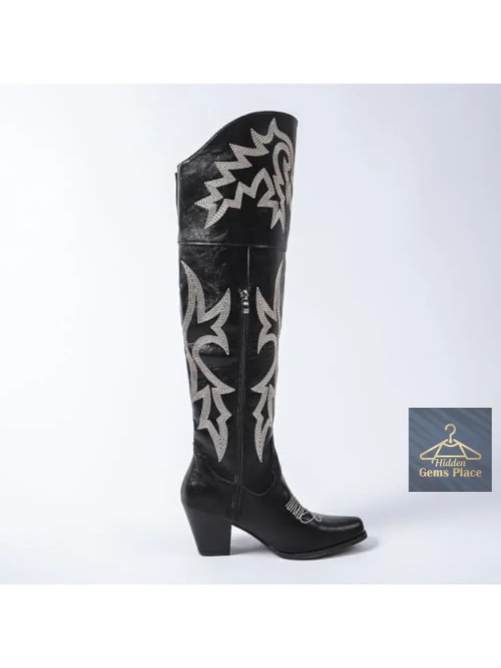Over-the-Knee Western Cowboy Boots Square Toe PU Leather Embroidered Zipper